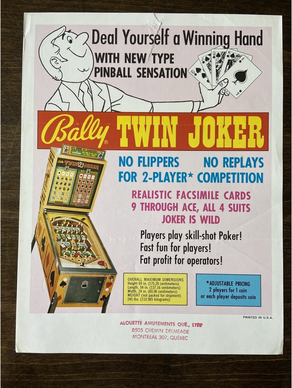 Bally Twin Joker Arcade Pinball FLYER Original Ad Promo Poster Not PCB